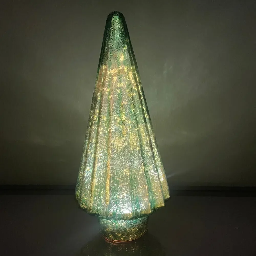 Illuminated Glass Christmas Tree 14.5in Iridescent GREEN Chic Holiday Decor New